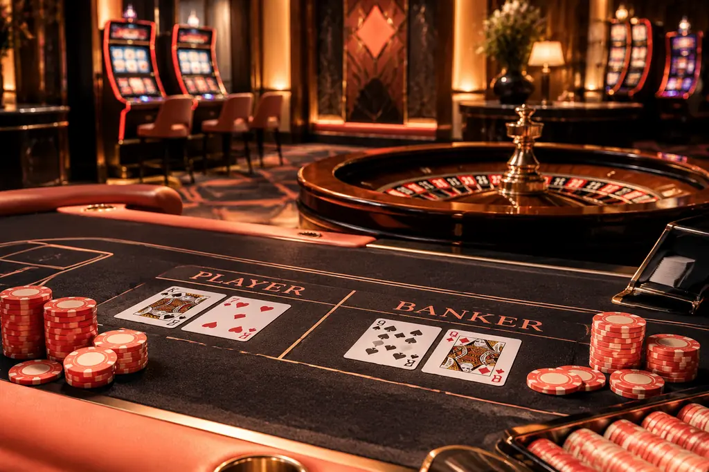 Meja baccarat dan roulette dalam ruang kasino bernuansa koral