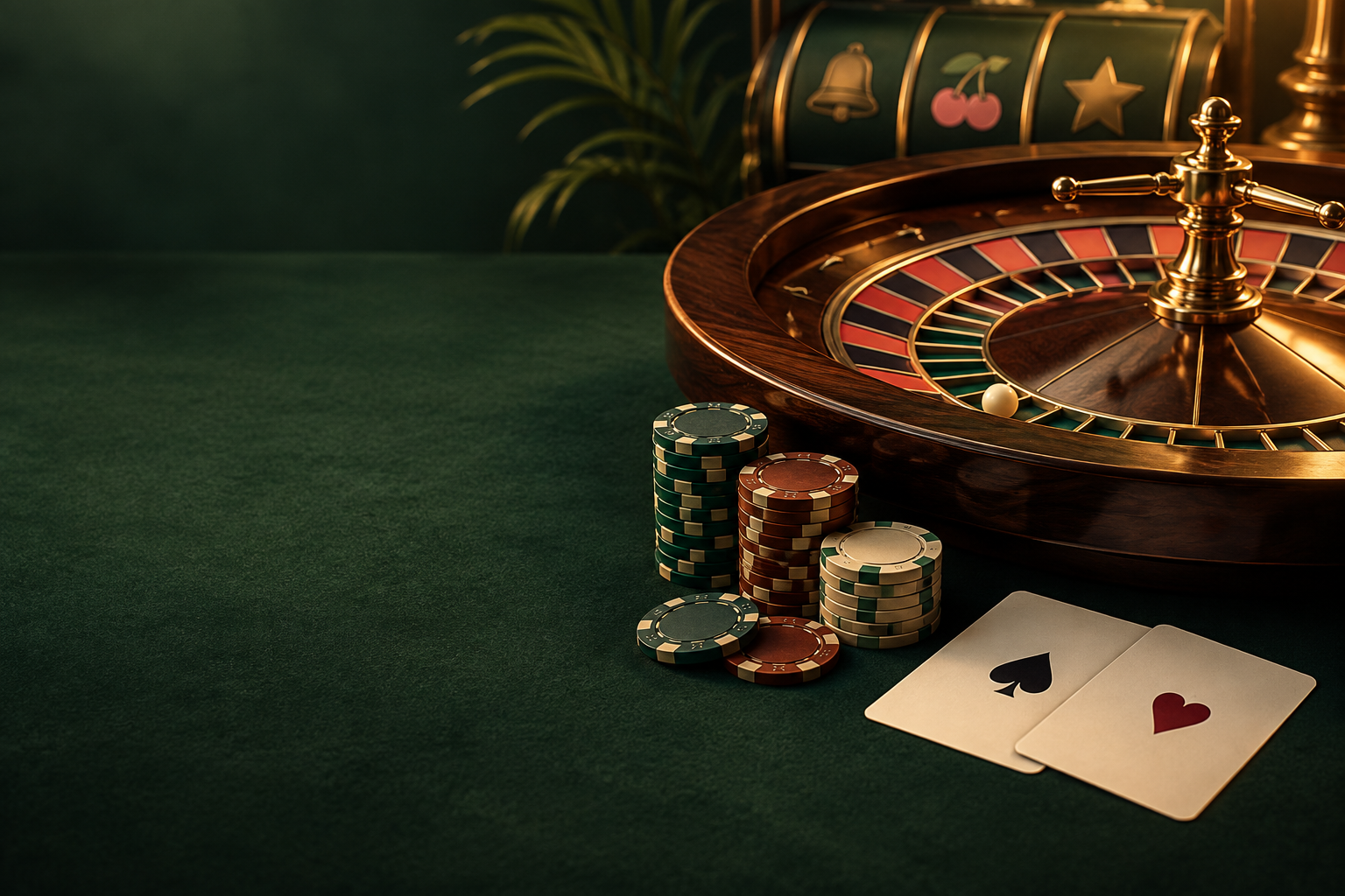 Ilustrasi meja roulette, kartu, dan keping dalam pencahayaan tembaga
