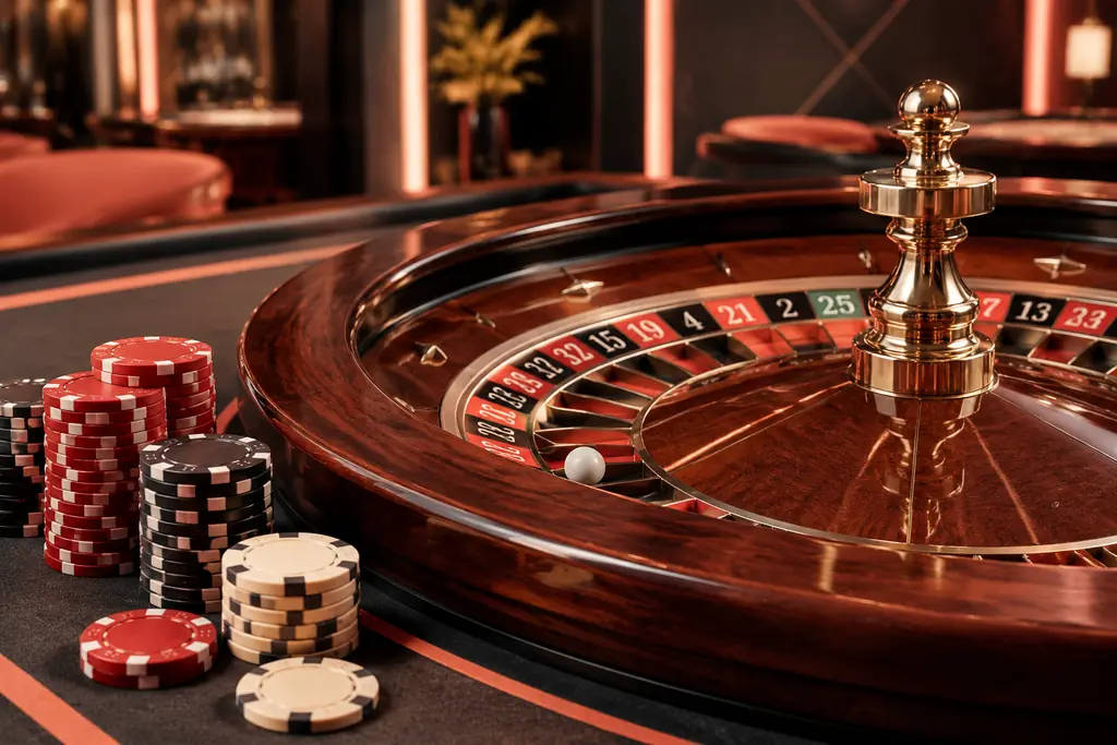 Roda roulette dengan bola dan keping di sisinya
