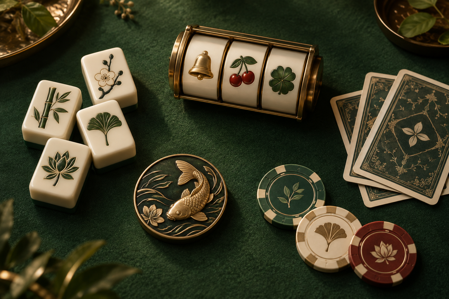 Ilustrasi katalog kasino dengan gulungan slot, ubin mahjong, kartu, dan keping